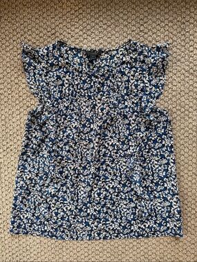 J. Crew Navy Blue and White Floral Ruffle Sleeve Camisole